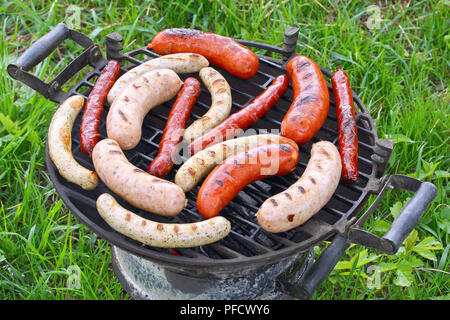 Variété mixte de savoureuses saucisses grillées sur barbecue en plein air sur l'herbe verte du jardin, vue de dessus Banque D'Images