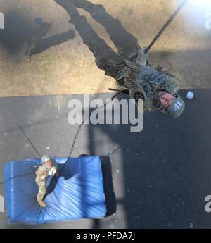 Soldats et aviateurs, le rappel d'une tour de 70 pieds au cours de la phase finale de l'École d'assaut aérien s'est déroulée au Camp Rilea à Pagosa Springs, New York, 6 juin 2018. Des étudiants formés, physiquement et mentalement pour parvenir à l'occasion de gagner leur insigne d'assaut aérien. ( ( Banque D'Images