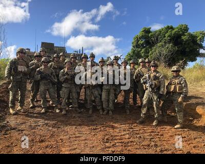 Le Lieutenant-colonel des marines américains Warren C. Cook, commandant et SgtMaj Jose H. Molina, sergent-major du 2e bataillon du 4ème Marines pour prendre une photo avec des armes tout en peloton entreprise visitant F à Shoal Bay de l'eau Secteur d'entraînement pendant la grève de diamants le 30 mai 2018. Grève de diamants est le point culminant de l'événement de formation au niveau régimentaire de l'armée australienne d'être en mesure de déployer. Banque D'Images