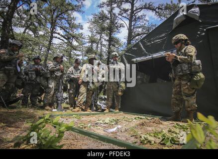 Les soldats de la Garde nationale de l'Armée américaine du New Jersey's 250e Détachement de Finances sont informés sur les objectifs de la mission au cours de la formation sur Joint Base McGuire-Dix-Lakehurst, N.J., le 5 juin 2018. Le 250e Détachement des Finances a reçu une formation en défense de base par des instructeurs de l'armée américaine 174e Brigade d'infanterie. Banque D'Images