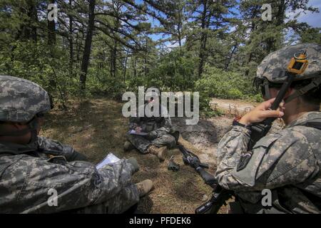 Les soldats de la Garde nationale de l'Armée américaine du New Jersey's 250e Détachement de discuter de secteurs des finances au cours de la formation sur l'incendie Joint Base McGuire-Dix-Lakehurst, N.J., le 5 juin 2018. Le 250e Détachement des Finances a reçu une formation en défense de base par des instructeurs de l'armée américaine 174e Brigade d'infanterie. Banque D'Images