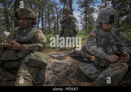 Les soldats de la Garde nationale de l'Armée américaine du New Jersey's 250e Détachement Finances magazines de charge avec des munitions à blanc au cours de la formation sur Joint Base McGuire-Dix-Lakehurst, N.J., le 5 juin 2018. Le 250e Détachement des Finances a reçu une formation en défense de base par des instructeurs de l'armée américaine 174e Brigade d'infanterie. Banque D'Images