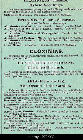 Un catalogue complet de semences détaillant une variété de plantes, fleurs et légumes disponibles pour la culture. Il comprend des descriptions des espèces et variétés de plantes populaires avec des conseils pour les jardiniers et les agriculteurs. Banque D'Images