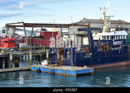 Chalutier acier rouillé avec coque bleue en port avec petite jetée flottante à l'arrière. Banque D'Images