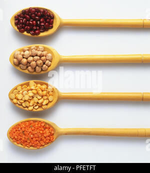 Quatre variétés de légumes secs présentés sur des cuillères en bois, aduki haricots, pois chiches, pois cassés, lentilles, Close up. Banque D'Images