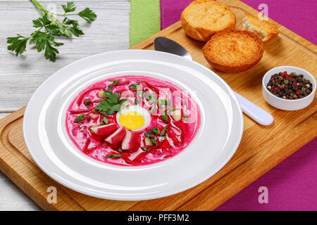 Légumes soupe froide de betterave, concombre, échalotes, radis décorées avec oeuf dur coupé en rondelles et le persil dans un bol sur la planche à hacher avec toas Banque D'Images