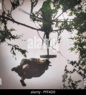 Des soldats américains avec la Compagnie Charlie, 2-104ème bataillon de l'aviation d'appui général conduite formation levage évacuation médicale à Fort Drum, NY, le 10 juin 2018. 2-104e GSAB soldats ont participé à une formation de combat Exportable rotation capacités à l'appui de la 86ème Infantry Brigade Combat Team. Banque D'Images