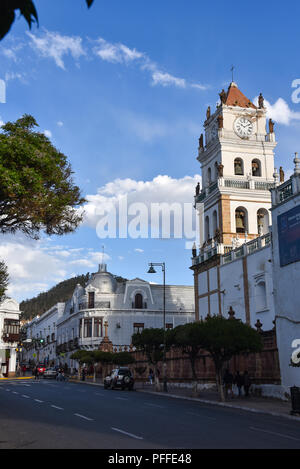 La Cathédrale Métropolitaine de Sucre, dans la région de Plaza 25 de Mayo square à Sucre, Bolivie Banque D'Images