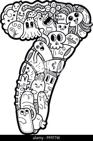 Numéro sept. Hand drawn doodled kids nombre. Mignon monstred les nombres, les symboles mathématiques. Illustration vectorielle pour le web, le design, la décoration, l'éducation, l'imprime Illustration de Vecteur