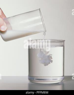 Verser le lait dans l'eau dans un bécher en verre Banque D'Images