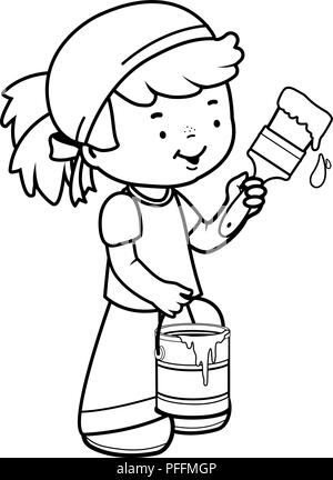 Girl holding un pinceau et du godet. Livre de coloriage noir et blanc la page Illustration de Vecteur