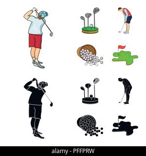 Support pour un club de golf, muzhchin jouant avec un club, panier avec des balles, l'étiquette avec un drapeau sur le terrain de golf. Club de Golf réglé collection icônes de cartoo Illustration de Vecteur