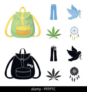 Une feuille de cannabis, une colombe, un jean, un sac à dos.collection set Hippy en icônes cartoon,black style symbole vecteur illustration de stock. Illustration de Vecteur