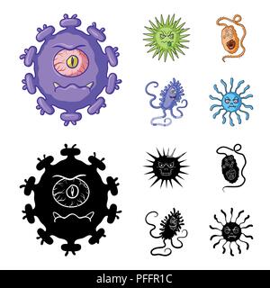 Différents types de microbes et virus. Les virus et les bactéries définir des icônes dans la collection black style cartoon,symbole vecteur illustration de stock . Illustration de Vecteur