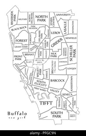 Plan de la ville moderne - Buffalo New York City de l'USA par les quartiers et les titres contour plan Illustration de Vecteur