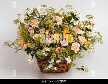 Centre de table rose, grand panier de vigne d'Oceana, l'amitié, et de Mountbatten roses en pêche, rose et jaune, avec cow parsley, fenouil et Mock Orange ajouté. Banque D'Images