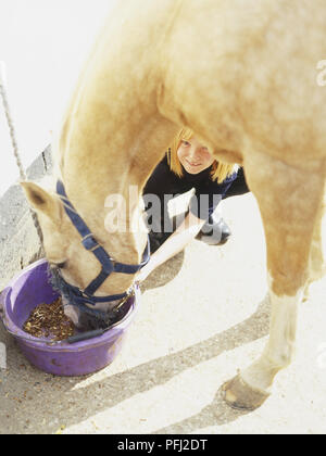 Blonde Cheval (Equus caballus) se nourrissant du violet seau de smiling girl, high angle view Banque D'Images