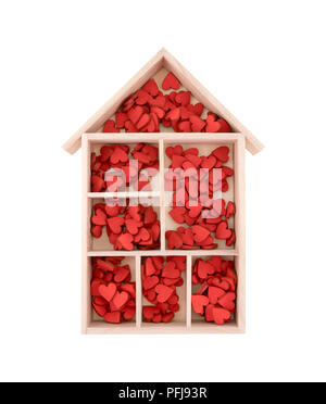 Maison en bois avec beaucoup de coeurs rouge isolé sur fond blanc Banque D'Images