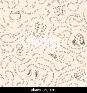 Hand drawn vector seamless pattern avec sac à dos de camping, Bonfire, chaussures, carte, chaudron, sac de couchage, lampe de poche, boussole et fait paraître le chemin d'emplacement Illustration de Vecteur