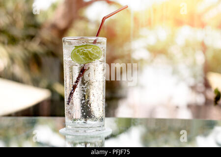 Verre de l'eau minérale gazeuse et d'un tilleul dans blur blackground Banque D'Images