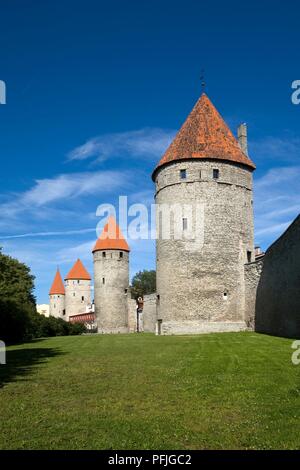 L'Estonie, Tallinn, Vieille Ville, section de mur médiéval avec tours de garde Banque D'Images
