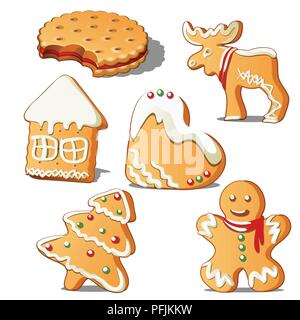 La cuisson de vacances doux. Les cookies en forme d'étoile, maison, arbre de Noël, coeur, renne, Gingerbread Man avec du glaçage. Esquisse pour l'affiche de la fête, carte.Les attributs de Noël et Nouvel an. Vecteur. Illustration de Vecteur