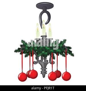 Lustre suspendu orné de décorations de Noël et Noël isolé sur fond blanc. Échantillon de maison de poster, carte, invitation à une fête. Cartoon Vector illustration close-up. Illustration de Vecteur