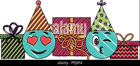 Anniversaire cadeaux emballés et visages emoji couleur dessin Illustration de Vecteur