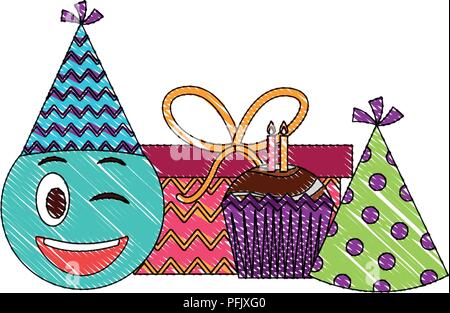 Anniversaire Cadeaux Cupcake Face Emoji Et Party Hat Couleur Du Dessin Image Vectorielle Stock Alamy