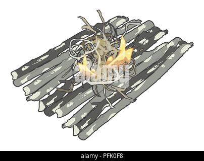 Illustrations numériques d'allumer un feu de camp avec flammes à partir de brûler du bois de chauffage sur la plate-forme de bâtonnets Banque D'Images