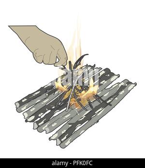 Illustration numérique de l'éclairage d'un feu de camp en mettant des branches sèches dans les flammes et la combustion du bois de chauffage sur la plate-forme de bâtonnets Banque D'Images