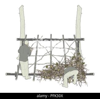 Illustration numérique de deux hommes building appentis et couvrant l'armature avec des bâtons Banque D'Images