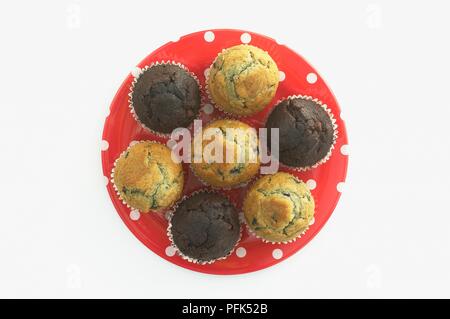 Muffins aux bleuets et chocolat sur plaque à pois Banque D'Images