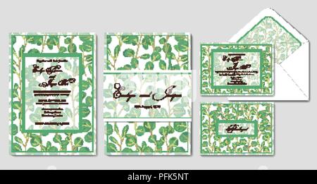 Inviter de mariage, menu, rsvp, merci label enregistrer la carte date de la conception d'enveloppes, avec des feuilles vert forêt verdure différents feuillages, eucalyptus, geometr Illustration de Vecteur