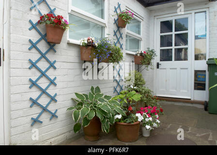 Patio avec les pots de fleurs sur le mur et sur le sol, close-up Banque D'Images