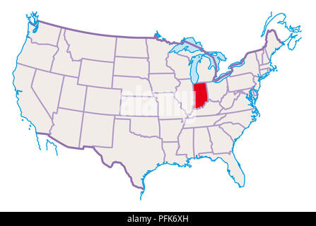 Carte des USA, de l'Indiana en rouge Banque D'Images