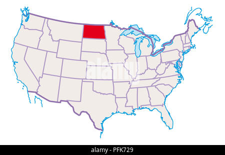 Carte des USA, Dakota du Nord en rouge Banque D'Images