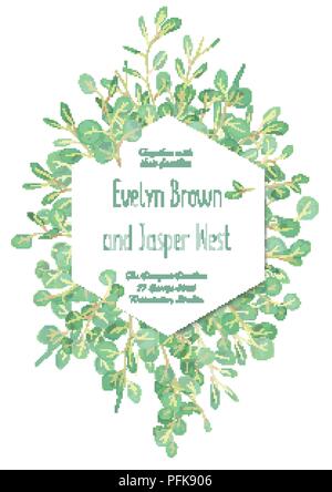 Trame hexagonale géométrique pour part de mariage, cartes de vœux, bannière, certificat, le label vert avec des feuilles d'eucalyptus et des branches isolées sur whit Illustration de Vecteur