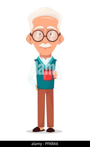 Grand-père portant des lunettes. Grand-père aux cheveux d'argent. Personnage tenant une tasse de boisson chaude. Vector illustration sur fond blanc. Illustration de Vecteur