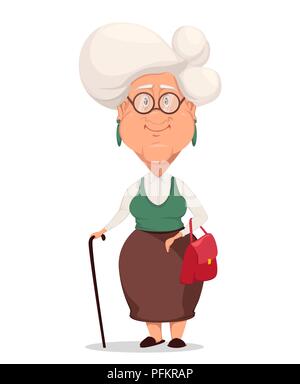 Grand-mère portant des lunettes. Grand-mère aux cheveux d'argent. Personnage avec sac à main et bâton de marche. Vector illustration sur fond blanc. Illustration de Vecteur