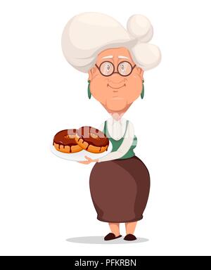 Grand-mère portant des lunettes. Grand-mère aux cheveux d'argent. Personnage de la plaque avec les beignets. Vector illustration sur fond blanc. Illustration de Vecteur