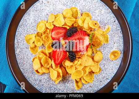 Délicieux petit-déjeuner - une partie des graines de chia avec du lait et flocons de maïs garnie de fraises fraîches,et mûres dans un bol sur les textiles, tapis- fermer Banque D'Images