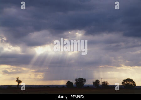 Rayons crépusculaires partiellement bloqué par stratocumulus perlucidus nuages briser et brillant vers le bas sur sol Banque D'Images