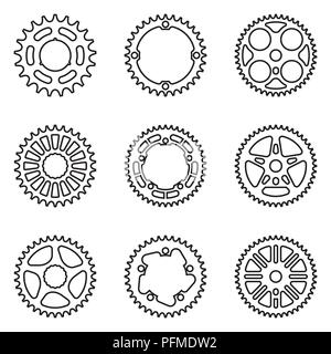 Ensemble de roue de pignon icônes parties de bicyclettes. Fine ligne vectorielle Illustration de Vecteur