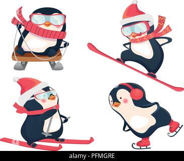 Snowboarder, skieur, patinage sur glace et luger vector illustration. Pingouins active en hiver Illustration de Vecteur