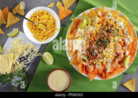 Croustilles nachos ou chargé d'une tête crémeuse sauce au fromage fondu, le fromage émietté, le maïs, le piment en poudre et la coriandre sur plaque sur table béton avec Banque D'Images