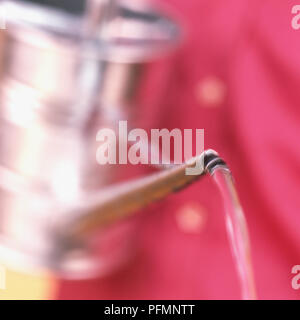 Jet d'eau sortant de la buse metal arrosoir, arrière-plan flou. Banque D'Images