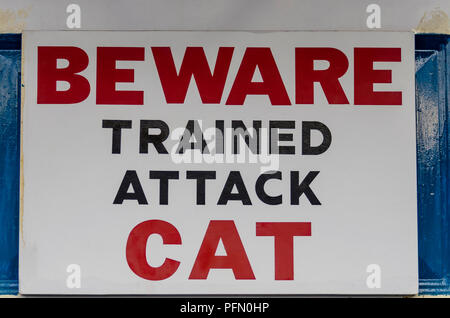 Panneau d'avertissement, sur la vieille porte. Les lettres rouges et noires sur fond blanc. Formés avec soin pour chat d'attaque. Banque D'Images