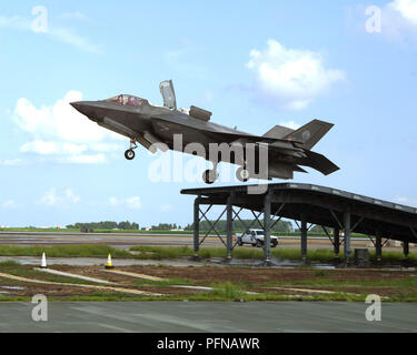 Royal Air Force Sqn Ldr Andrew 'Gary' Edgell, pilote d'essai au F-35 Pax River Test Force intégrée, effectue un saut à ski le 13 août 2018, à Patuxent River NAS avec un F-35B jet d'essai dans le cadre de l'endurance pour se préparer à des essais de vol Première Classe (à voilure fixe) à bord du HMS Queen Elizabeth. Autour de 200 le personnel de soutien de l'ITF, y compris les pilotes, ingénieurs, responsables et analystes de données prendra deux F-35b d'essais à bord de la Royal Navy, porte-avions cet automne et sont censés effectuer de prendre 500 décollages et atterrissages pendant leur période d'essai de 11 semaines en mer. Cette aile fixe te Banque D'Images