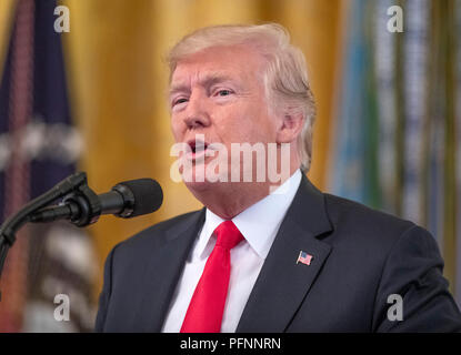 Le Président des Etats-Unis, Donald J. Trump rend les commentaires comme il remettant la médaille d'Honneur à titre posthume à Technical Sergent John A. Chapman, US Air Force, au cours d'une cérémonie à l'Est Prix de la Maison Blanche à Washington, DC le mercredi, Août 22, 2018. Le sergent Chapman est honorée pour ses actions le 4 mars 2002, sur Takur Ghar mountain en Afghanistan où il a donné sa vie pour sauver ses coéquipiers. Credit : Ron Sachs/CNP | conditions dans le monde entier Banque D'Images